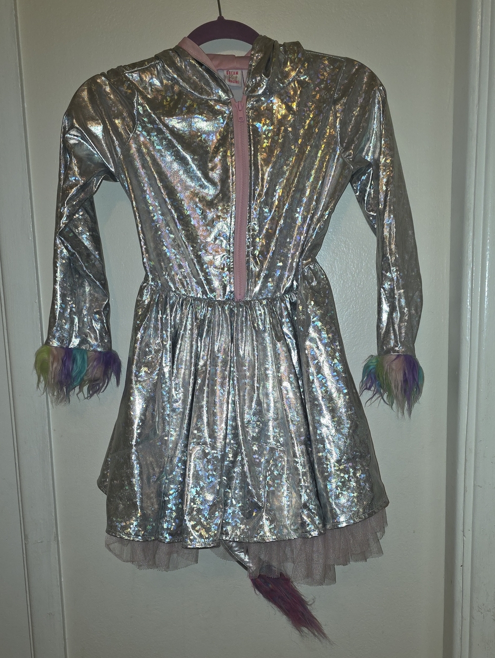 Girls Silver Holographic Unicorn Dress with Rainbow Fur Trim